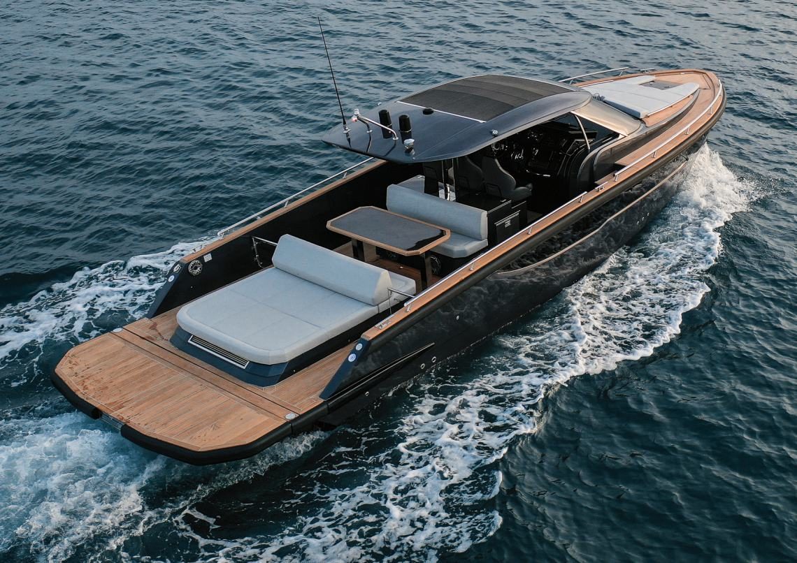 Aerial view of the Forza 37 deck with sunbed and twin tables