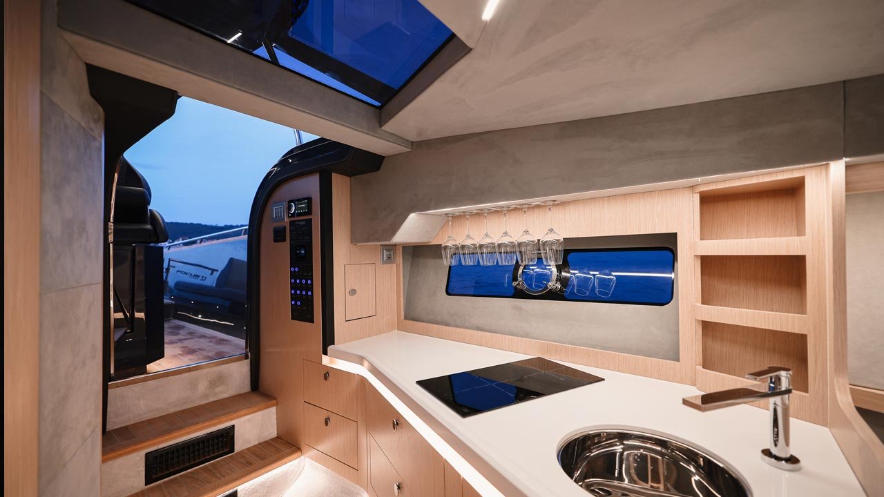Galley at dusk looking aft to the cockpit